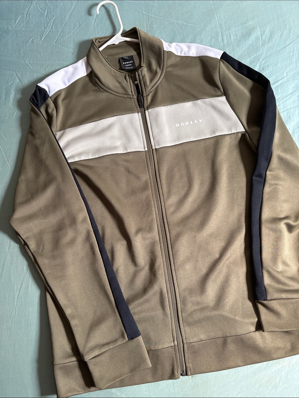 Oakley Olive Green Track Jacket with White Chest Panel and Black Sleeve Stripes
